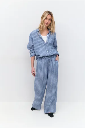 Gina Tricot Wide linen trousers - Hørbukser - Blåt - 34 - Dame