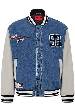 HUGO BOSS Mænd Cowboyjakker - Signature-trim denim varsity jacket with contrast sleeves