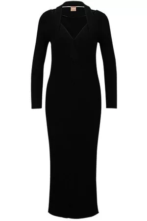 HUGO BOSS Kvinder Maxikjoler - Long-sleeved slim-fit dress with cut-out shoulders