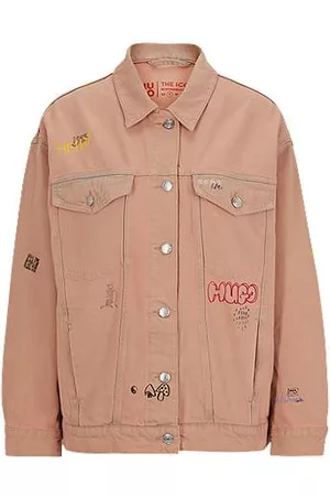 HUGO BOSS Kvinder Cowboyjakker - Oversized-fit jacket in overdyed denim with doodle motifs