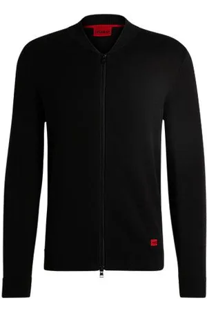 HUGO BOSS Cardigan i bomberjakkestil i strikket bomuld med rødt logomærkat