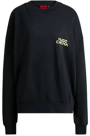 HUGO BOSS Sweatshirt i bomuldsfrotté med slub-effekt og grafisk katteprint