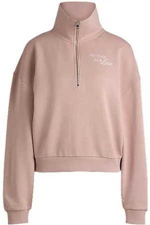HUGO BOSS Sweatshirt i bomuldsfrotté med lynlåshals og slogan