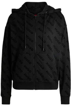 HUGO BOSS Hættetrøje med lynlås og logoer i velour
