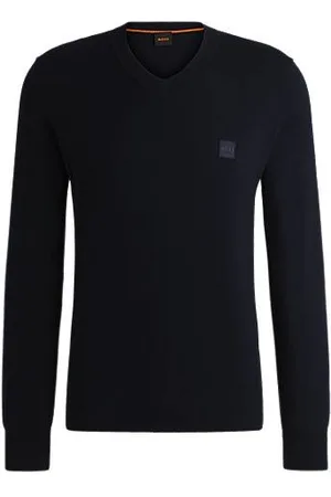 HUGO BOSS Sweater med V-hals i bomuld og kashmir med logomærke