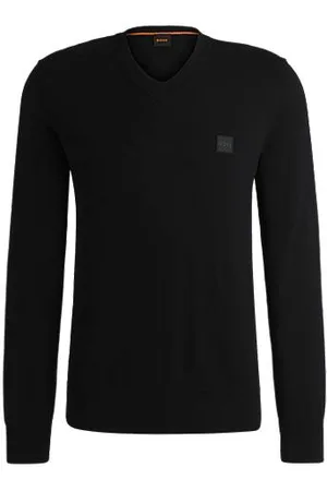 HUGO BOSS Sweater med V-hals i bomuld og kashmir med logomærke