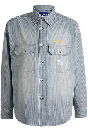 HUGO BOSS Stribet skjorte med oversize fit i denim med slidt effekt