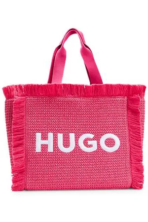 HUGO BOSS Tote bag med raffia-effekt, broderet logo og frynser