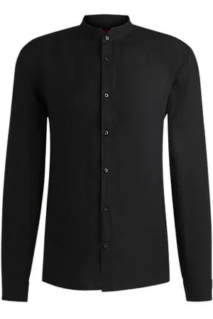 HUGO BOSS Skjorte i hør med slim fit og kinakrave
