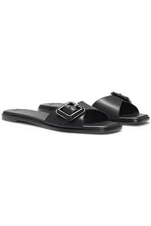 HUGO BOSS Læderslippers med logo på spændet