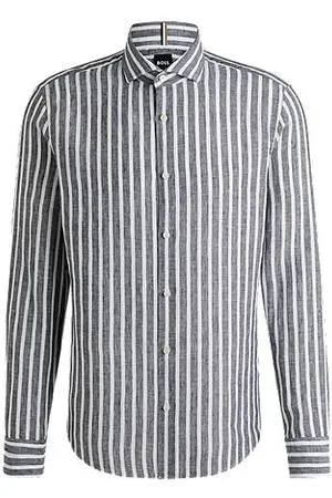 HUGO BOSS Regular fit skjorte i stribet hør-chambray