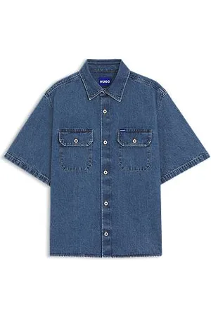 HUGO BOSS Oversize fit skjorte i blå denim og sting i kontrastfarve