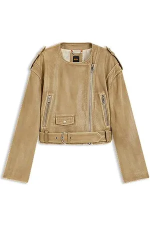 HUGO BOSS Cropped biker jacket in grained leather
