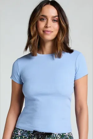Hunkemöller Crew neck pyjamastop i rib med korte ærmer