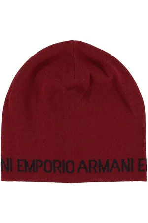 Emporio Armani Strikhue - Uld/Akryl - MÃ¸rk RÃ¸d m. Tekst