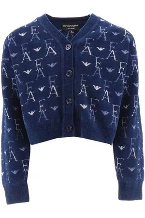 Emporio Armani Cardigan - Cropped - Strik - BlÃ¥ med Logoer