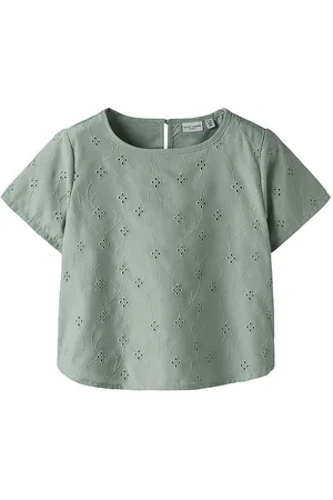NAME IT Skjorte k/æ - NkfVioleta - Aqua Gray m. Broderi Anglaise