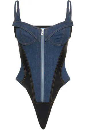 MUGLER Kvinder Bodies - Two-tone Denim Front Zip Corset Bodysuit