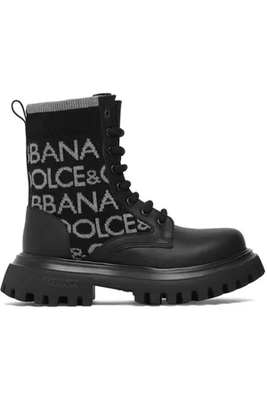 Dolce & Gabbana Piger Støvler - Intarsia Logo Knit & Leather Boots