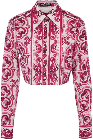 Dolce & Gabbana Kvinder Langærmede skjorter - Maiolica Print Cotton Poplin Crop Shirt