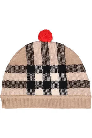 Burberry Check Print Wool Blend Beanie W/pompom