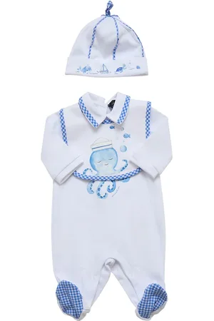 MONNALISA Cotton Interlock Romper, Hat & Bib