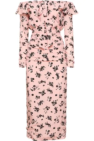 Alessandra Rich Printed Silk Off-the-shoulder Midi Dress