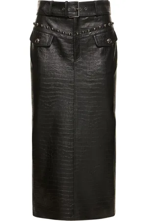 Alessandra Rich Croco Print Leather Midi Skirt W/ Studs