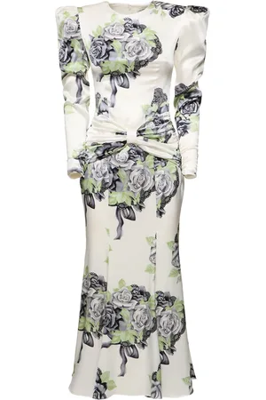 Alessandra Rich Rose Print Silk Satin Dress W/ Bow