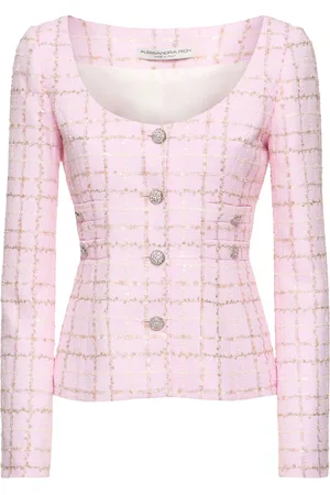 Alessandra Rich Sequined Checked Tweed Round Neck Jacket