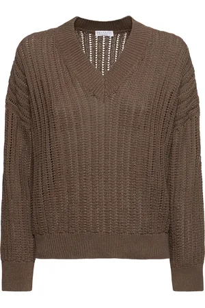 Brunello Cucinelli Openwork Cotton Knit V-neck Sweater
