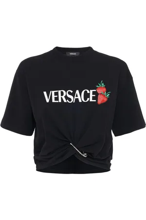 VERSACE Logo Print Cotton Jersey Crop T-shirt