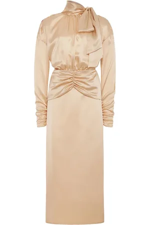 Alessandra Rich Open Back Silk Satin Midi Dress W/ Bow