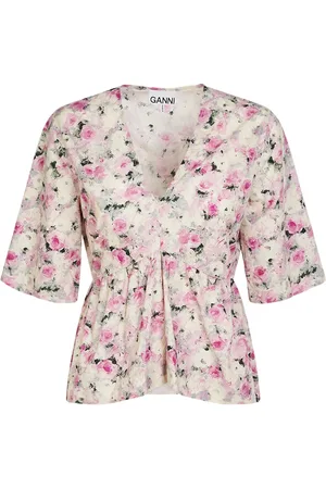 Ganni Printed Cotton Peplum V-neck Top