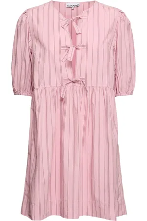 Ganni Bow Tie Striped Cotton Mini Dress