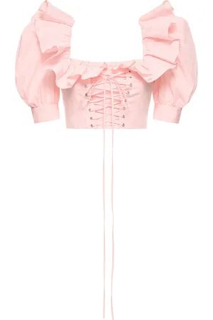 Alessandra Rich Ruffled Moiré Crop Top W/ Lace Up