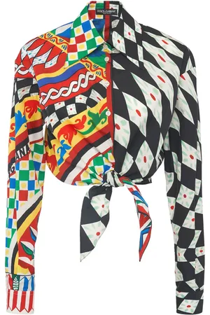 Dolce & Gabbana Carretto Print Cotton Crop Shirt W/knot