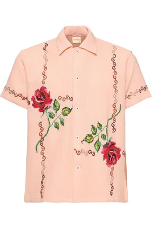 HARAGO Floral Cross Stitched Cotton S/s Shirt