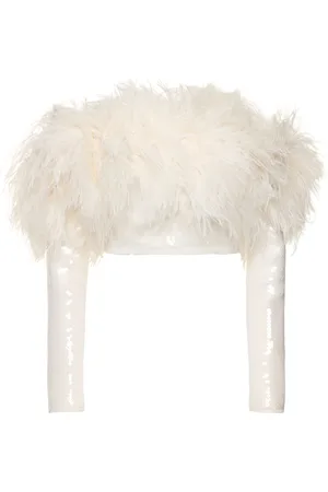 DAVID KOMA Sequin & Feather Trim Top W/ Sleeves