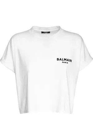 Balmain Cropped Flocked Logo Cotton T-shirt