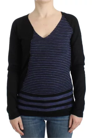 Costume National Strik, Dame, Sort, XS, Uld, Stribet V-hals-sweater