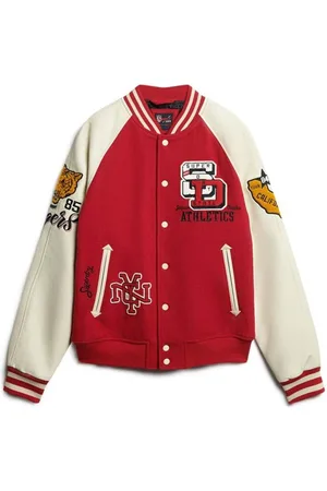 Superdry Jakke, Herre, Rød, XL, Uld, Klassisk Amerikansk College Varsity Patchet Jakke