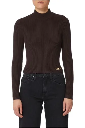 Michael Kors Strik, Dame, Brun, L, Uld, Brun Ribstrikket Turtleneck Sweater