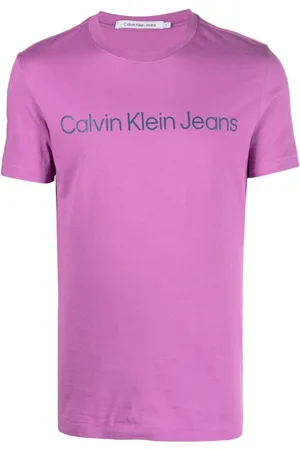 Calvin Klein Top, Herre, Lilla, XS, Bomuld, Lilla Bomuld T-shirt med Logo Print