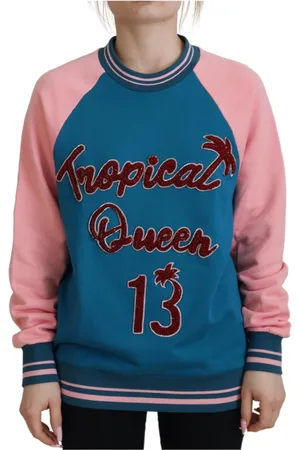 Dolce & Gabbana Sweathshirts & Hoodies, Dame, Blå, XS, Bomuld, Pailletbesat Tropical Queen Crewneck Sweater