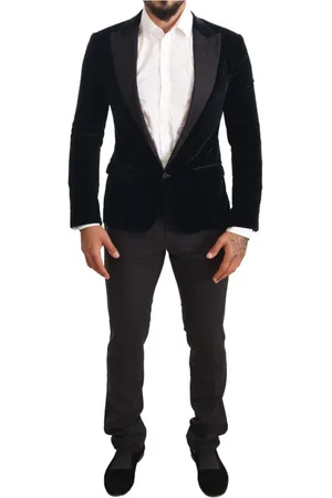 Dolce & Gabbana Jakkesæt, Herre, Blå, S, Bomuld, Sort Fløjl To-Delt Jakkesæt, Slim Fit