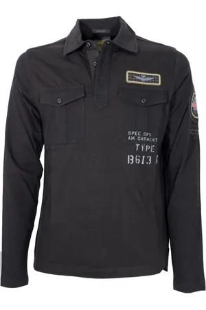 Aeronautica Militare Top, Herre, Sort, 3XL, Bomuld, Langærmet Polo med Verden af Aeronautik Patches