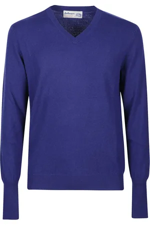 BALLANTYNE Strik, Herre, Blå, M, Uld, Velvet V-Hals Sweater