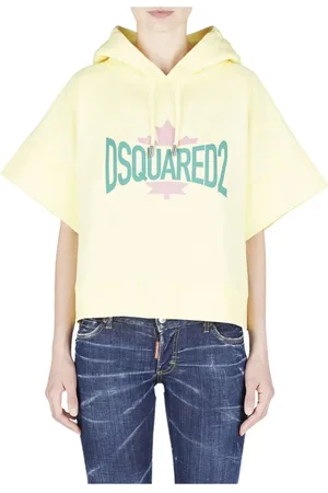 Dsquared2 Sweathshirts & Hoodies, Dame, Gul, 2XS, Bomuld, Gul bomuldshættetrøje med korte ærmer og grønt logo