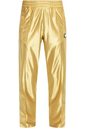 Moncler Bukser, Herre, Gul, M, Polyester, Skinnende Gule Sweatpants med Logo Patch